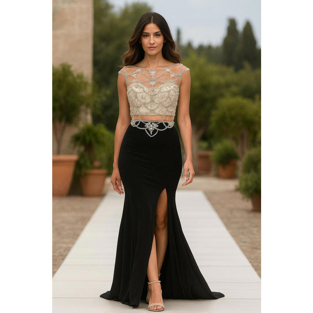 $750 Decode1.8 Prom Gown Beaded High Slit Illusion Open Back Black Silver sz 2